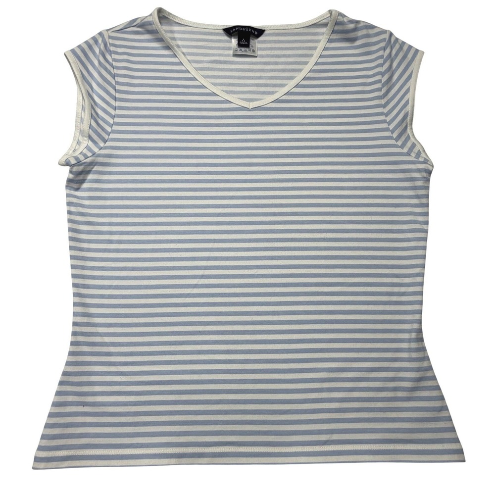 Lands End Womens Sleeveless Knit Top Blue White Striped V-Neck‎ Shirt Small